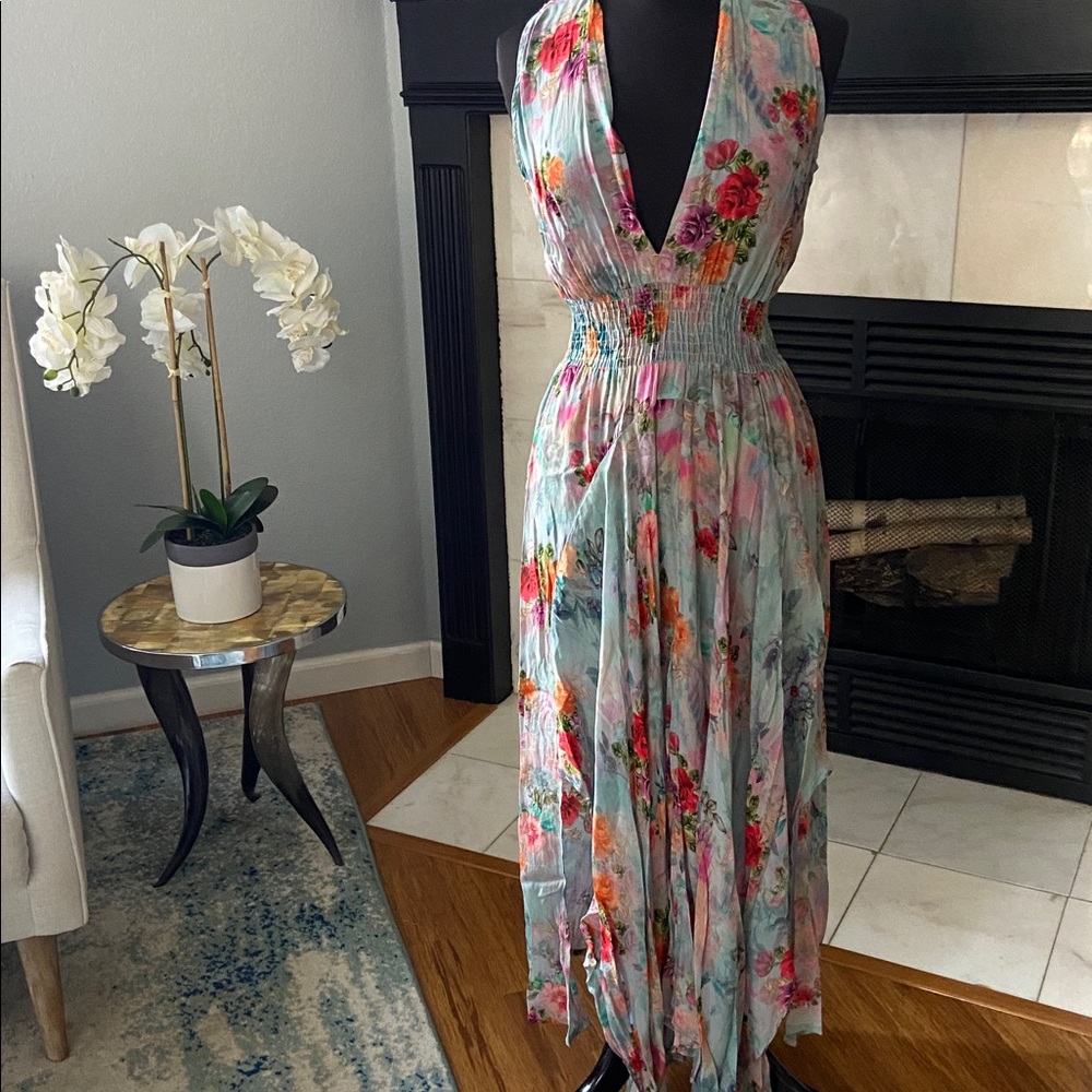 Tolani Floral Halter Maxi Dress in Light Blue with Pink & Red Flowers
